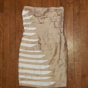 Tan and white strapless dress